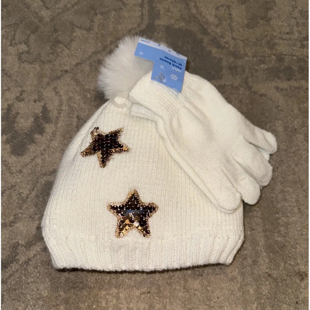 Girls Youth Boy Gold Stars Pom Beanie Hat &  Gloves 2 Piece‎